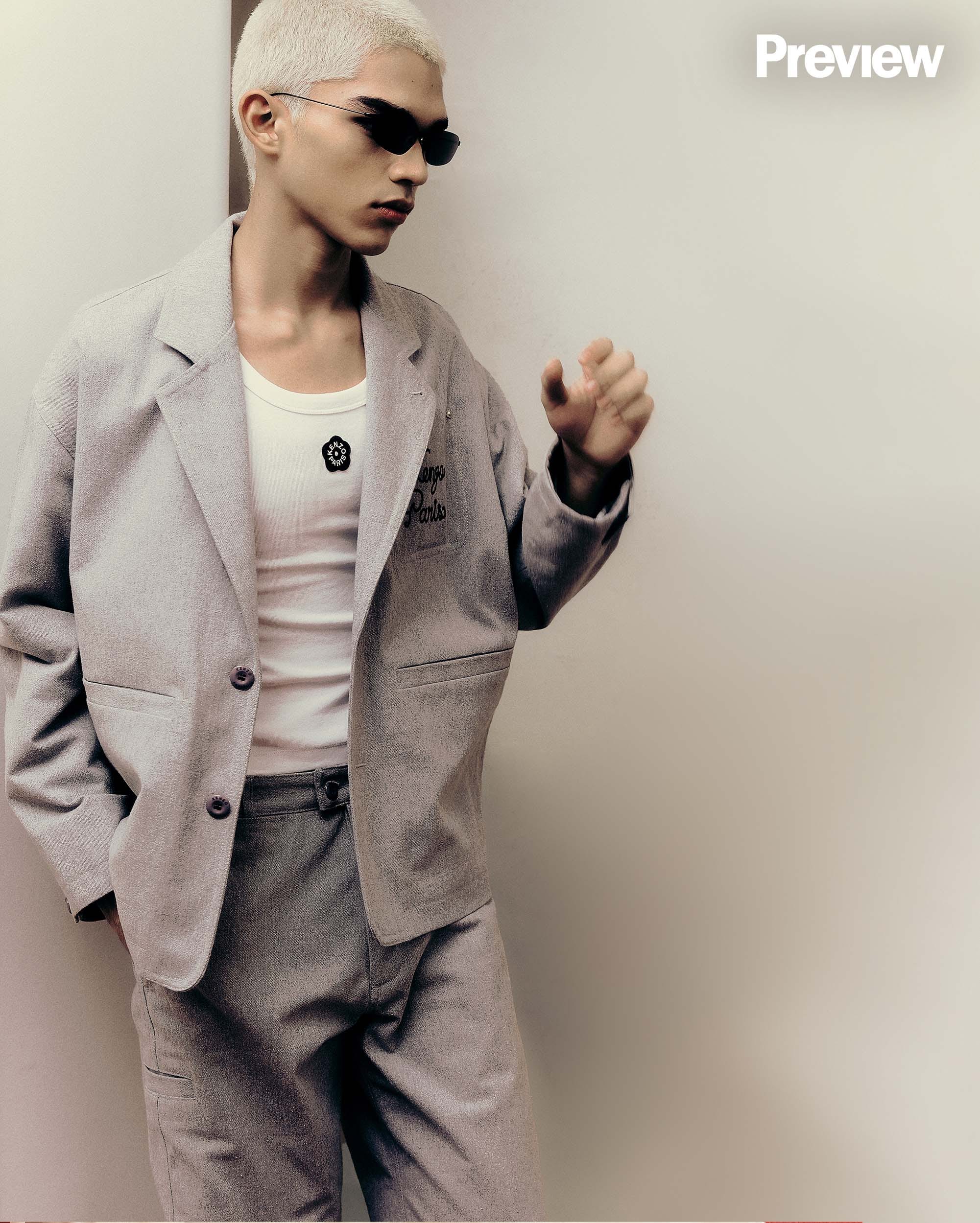 ON SUNIL: Workwear jacket, P54,500. White tank top, P12,500. Pants, P28,500, KENZO, Greenbelt 3.